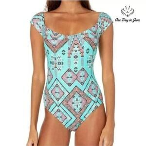 Mae Anne Off Shoulder Women's One-Piece Bathing Suit Aztec Blue Size Large